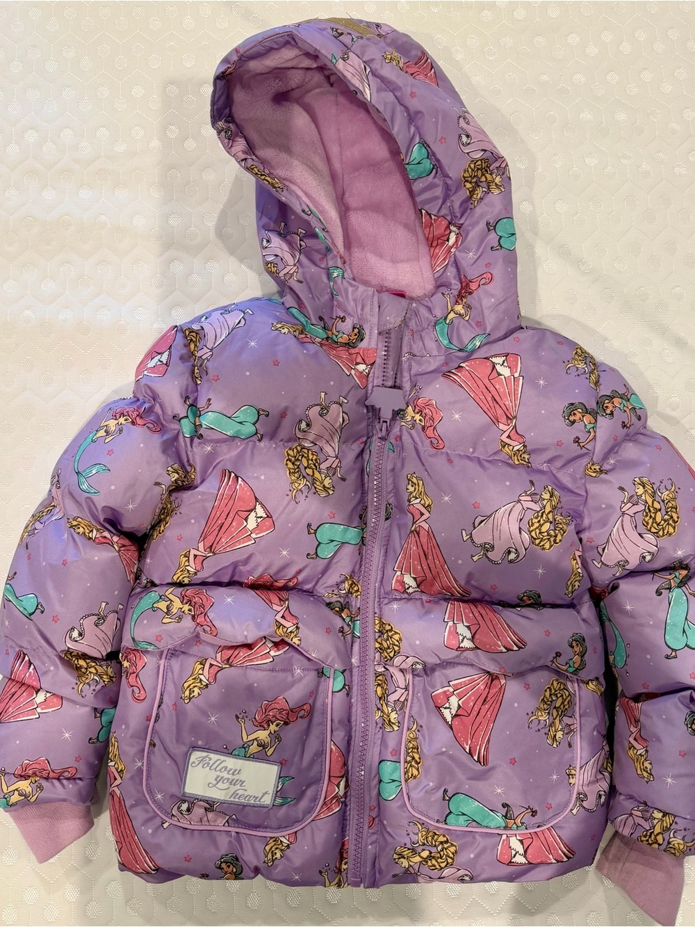 Disney Purple Princess Puffer Jacket with Multicolor Prints